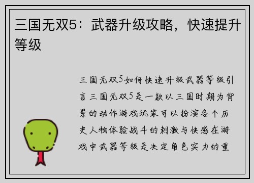 三国无双5：武器升级攻略，快速提升等级